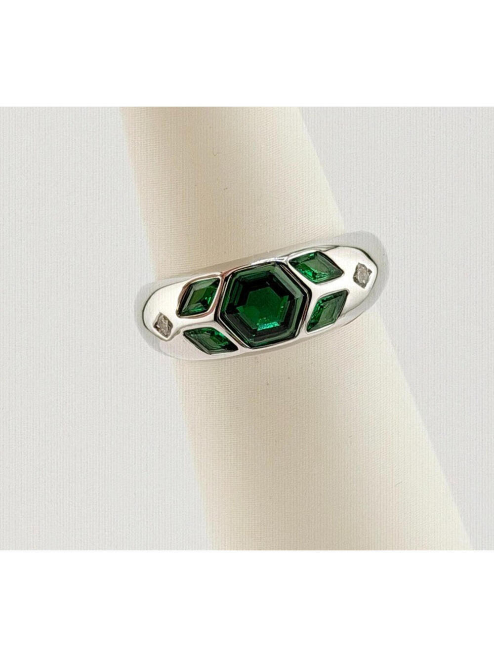 Bomb Party May Ring Sz 7 "The Alessia Ring" Lab Created Emerald on Rhodium